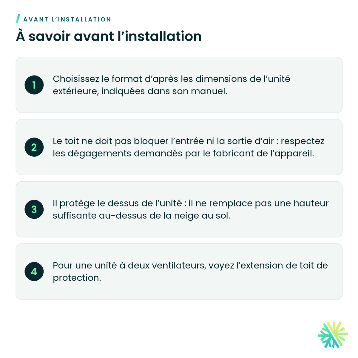 À savoir avant l’installation – Toit de protection pour unité extérieure de thermopompe