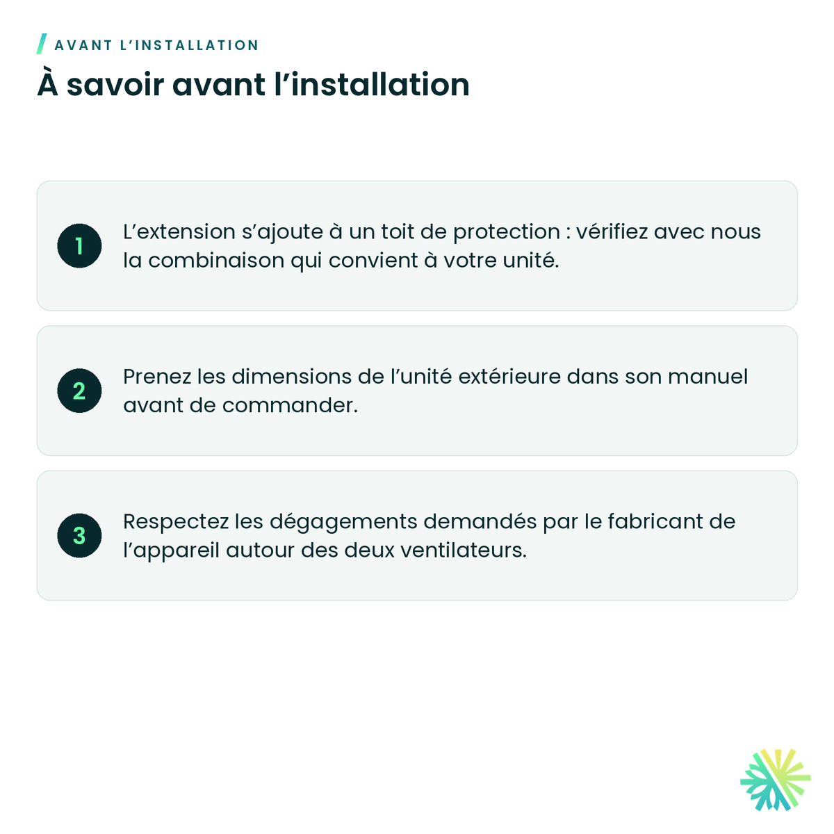 À savoir avant l’installation – Extension de toit de protection pour unité à deux ventilateurs