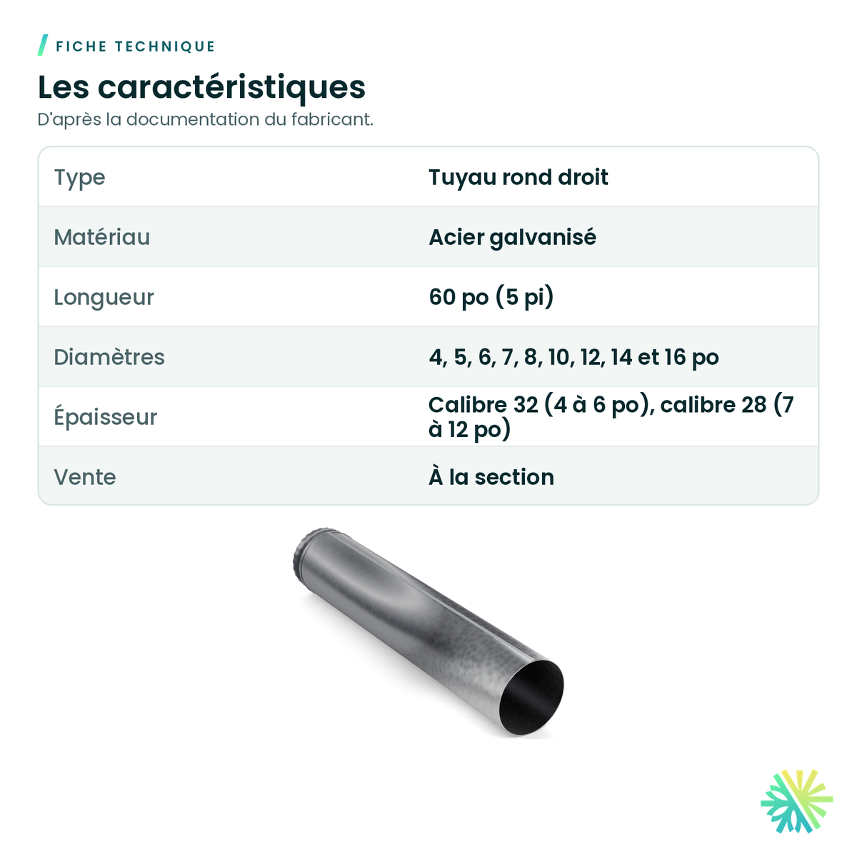 Fiche technique – Tuyau rond galvanisé – longueur de 60 po