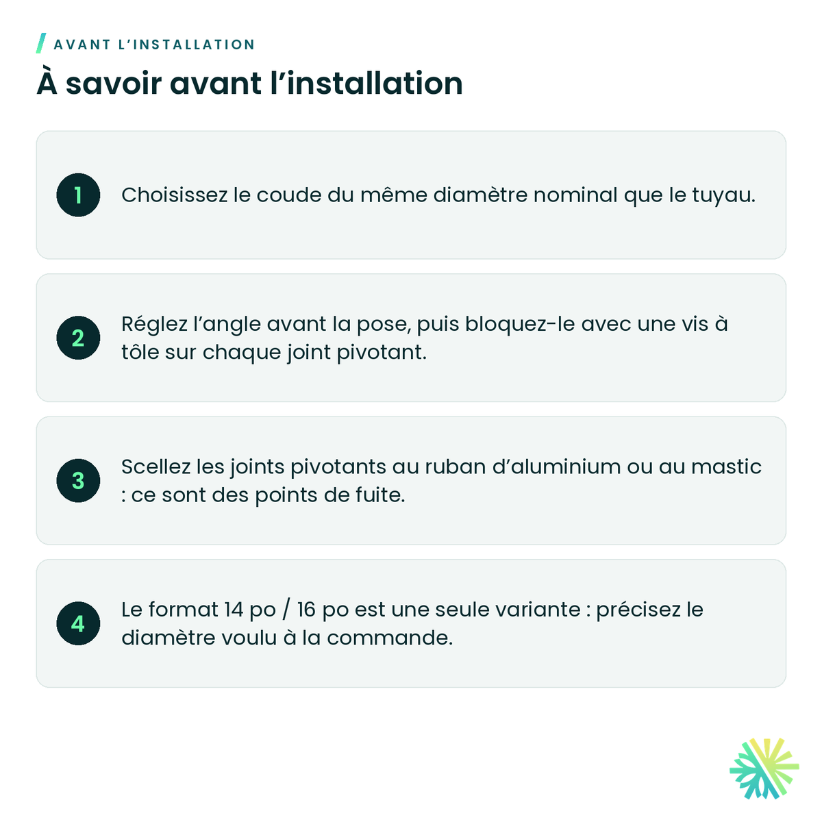À savoir avant l’installation – Coude rond galvanisé orientable à 90°