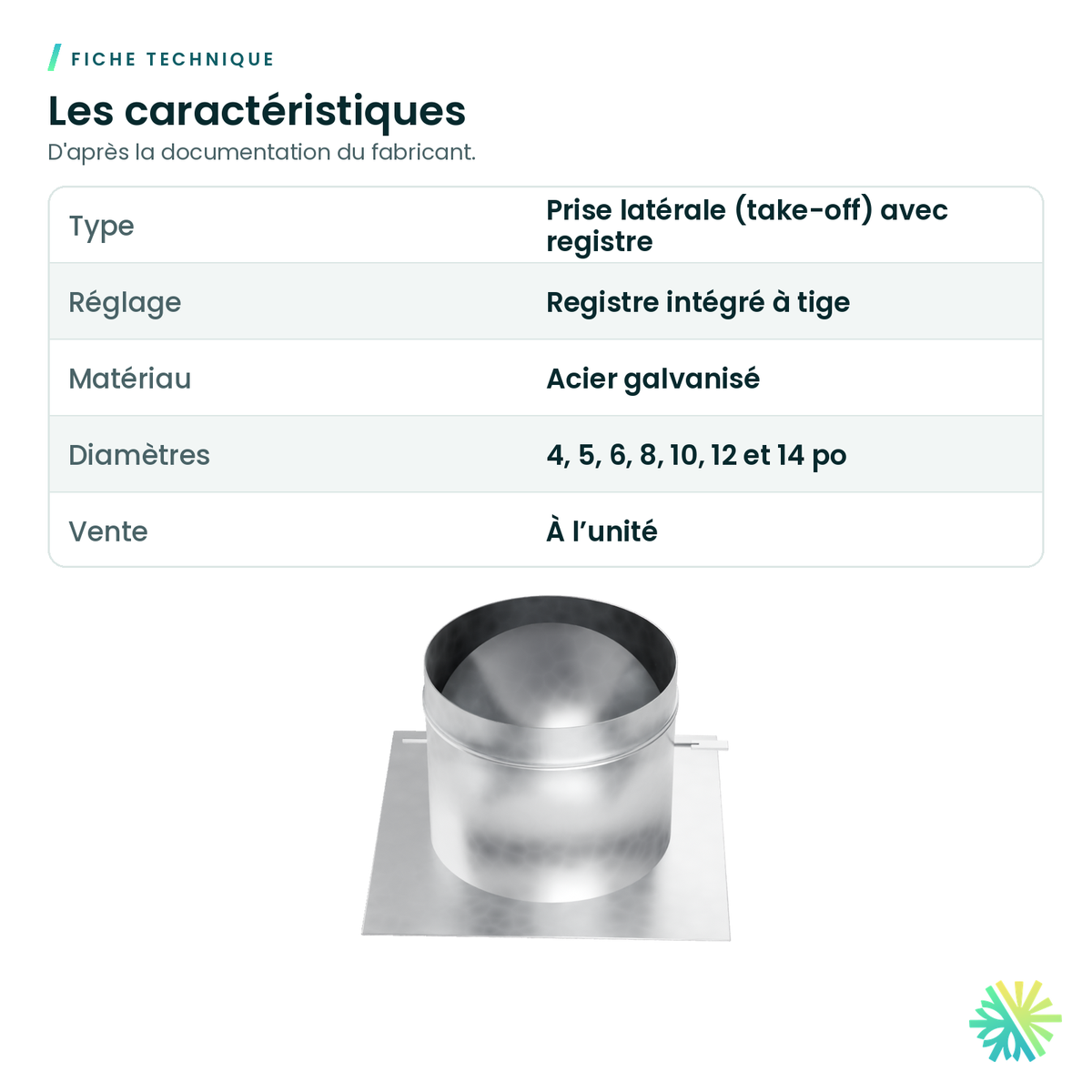 Fiche technique – Prise latérale galvanisée avec registre (take-off)