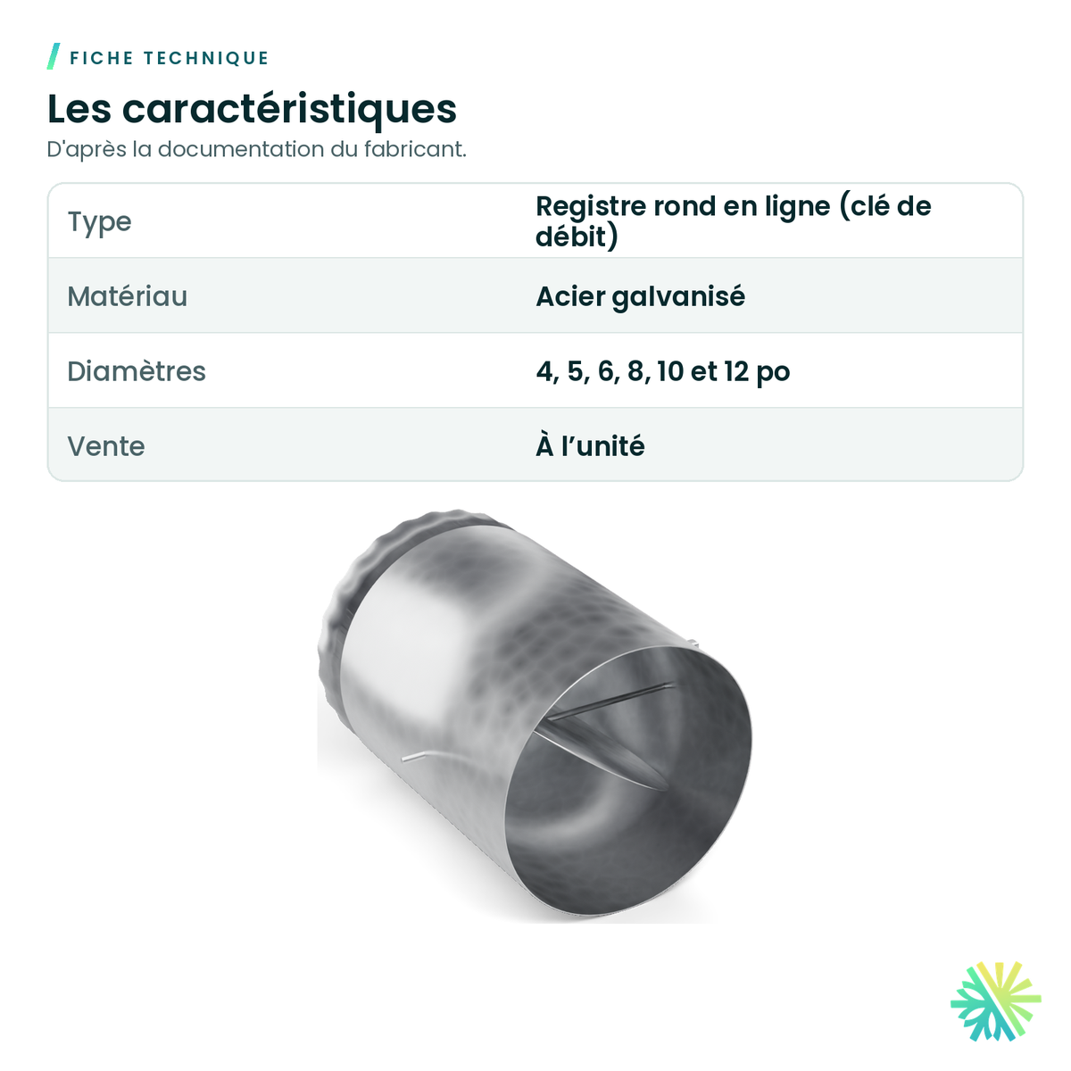 Fiche technique – Registre rond galvanisé (clé de débit)