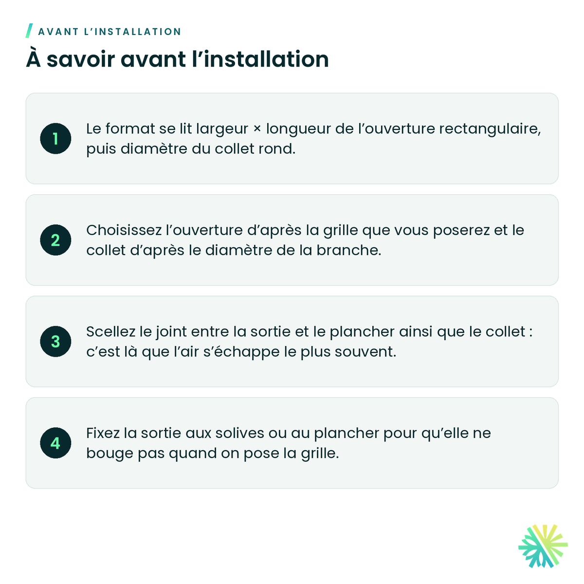 À savoir avant l’installation – Sortie angulaire galvanisée (boot)