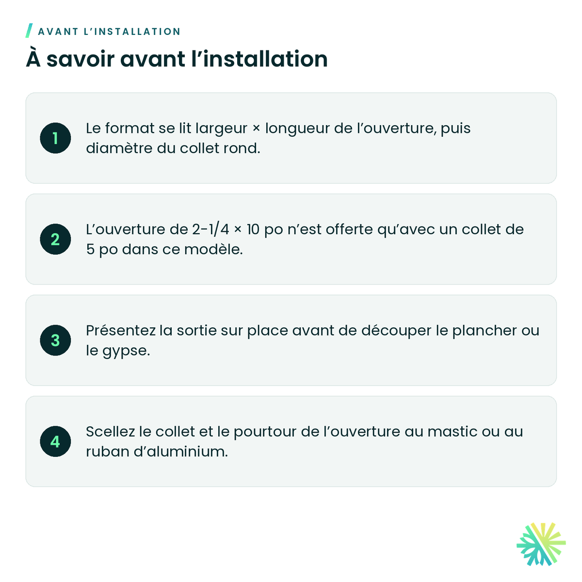 À savoir avant l’installation – Sortie universelle galvanisée (boot)