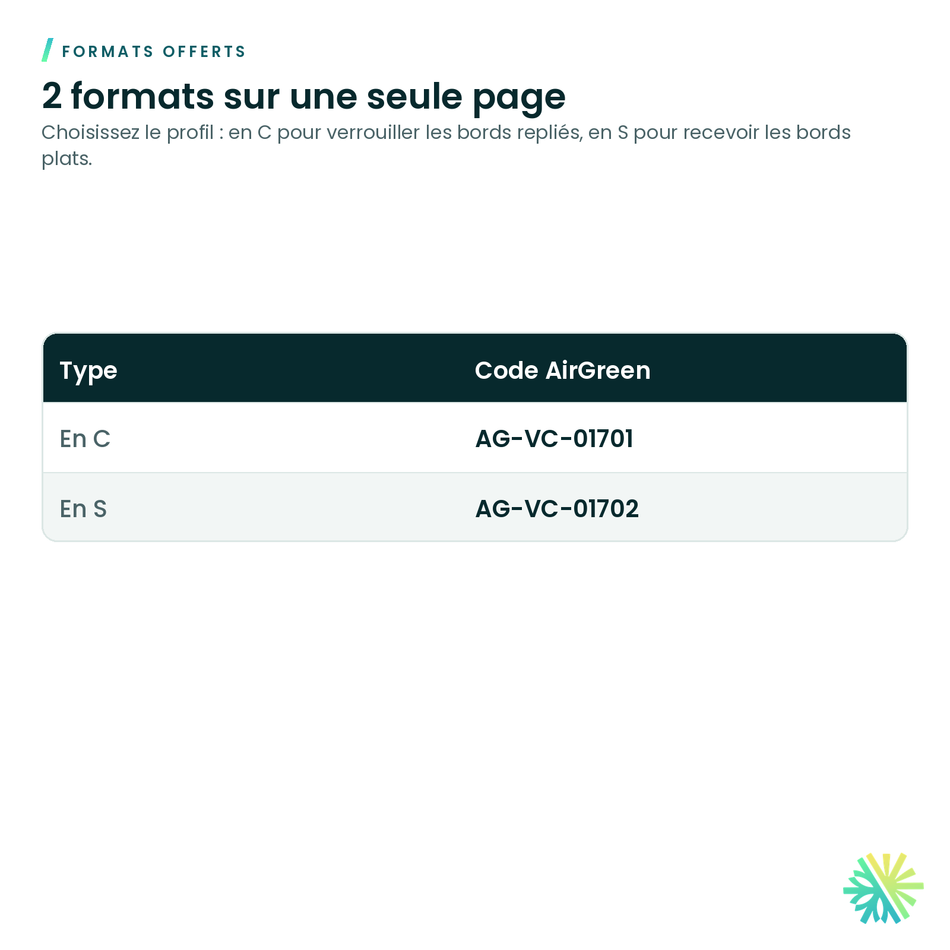 Formats offerts – Clavettes pour conduit galvanisé (C et S)