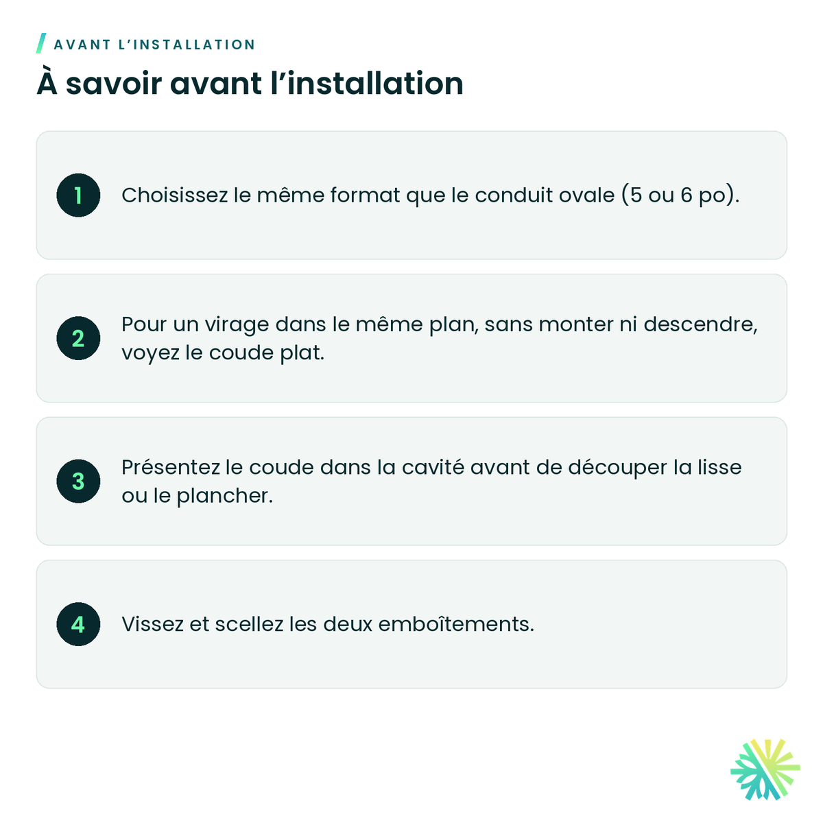 À savoir avant l’installation – Coude vertical ovale à 90° (conduit ovale)
