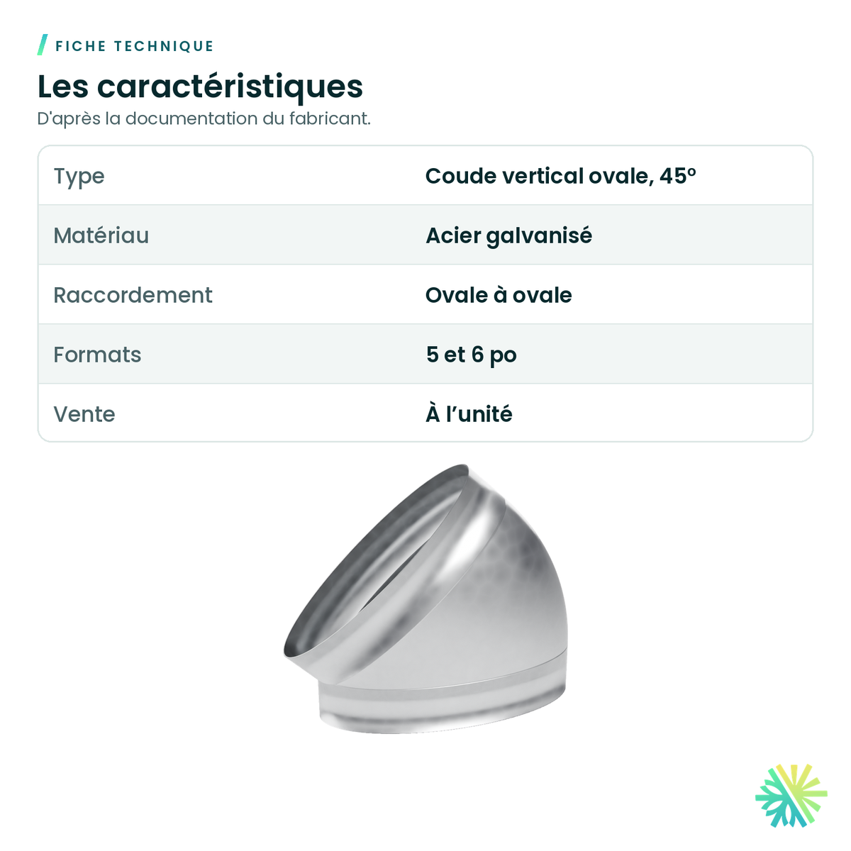 Fiche technique – Coude vertical ovale à 45° (conduit ovale)