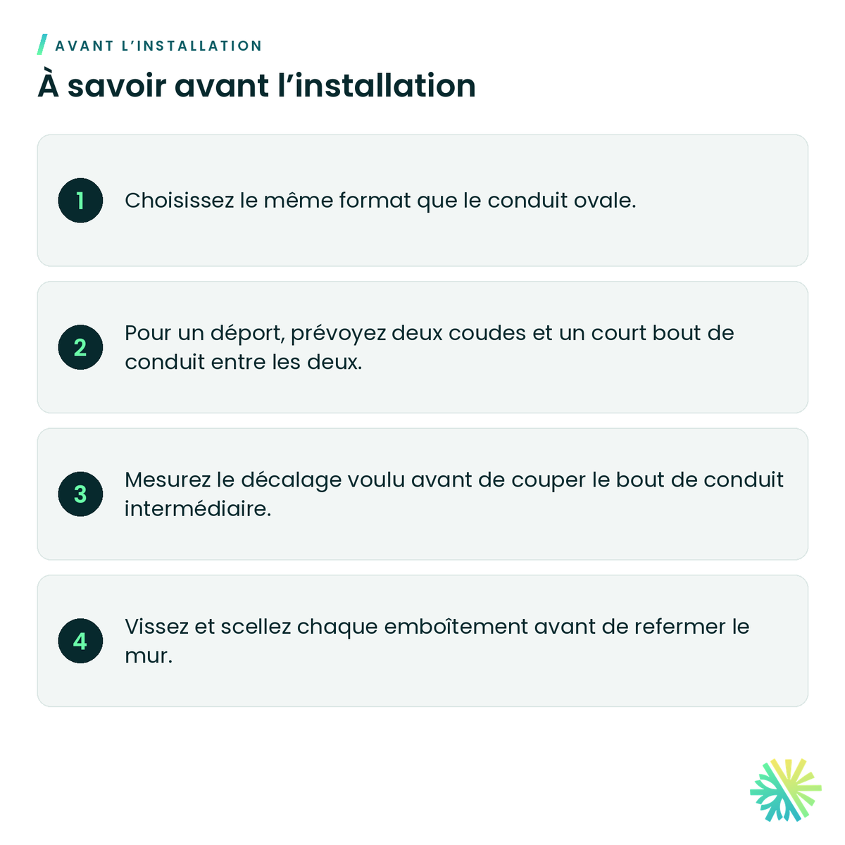 À savoir avant l’installation – Coude vertical ovale à 45° (conduit ovale)