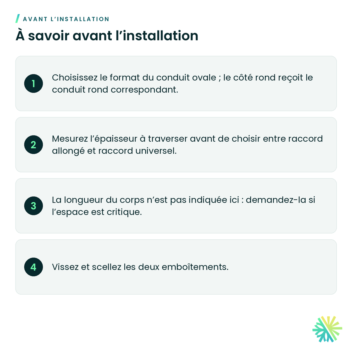 À savoir avant l’installation – Raccord allongé ovale à rond (conduit ovale)