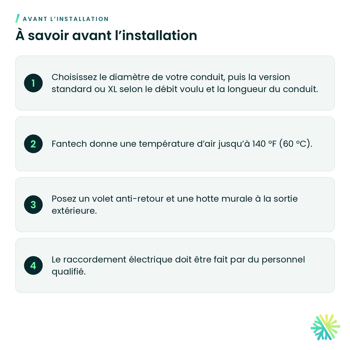 À savoir avant l’installation – Ventilateur en ligne Fantech série FG