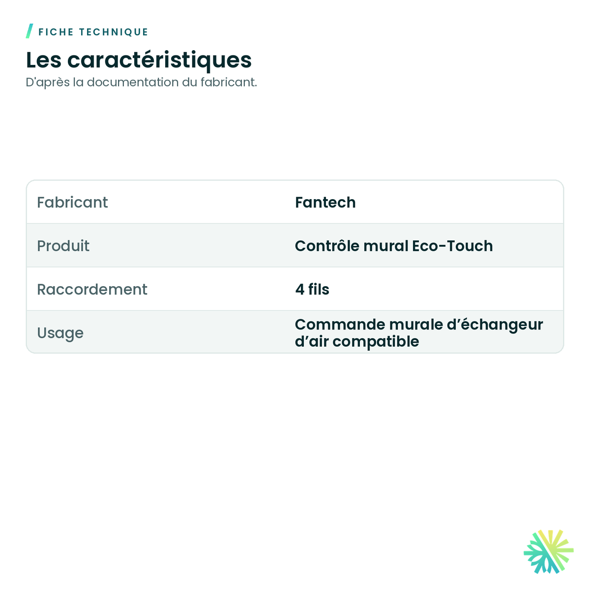 Fiche technique – Contrôle mural Eco-Touch pour échangeur d'air (4 fils)