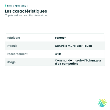 Fiche technique – Contrôle mural Eco-Touch pour échangeur d'air (4 fils)