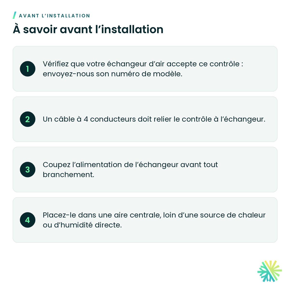 À savoir avant l’installation – Contrôle mural Eco-Touch pour échangeur d'air (4 fils)