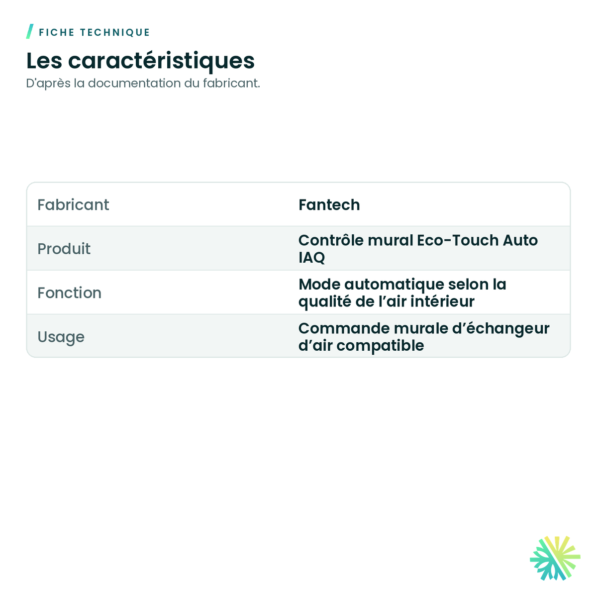Fiche technique – Contrôle mural Eco-Touch Auto IAQ pour échangeur d'air