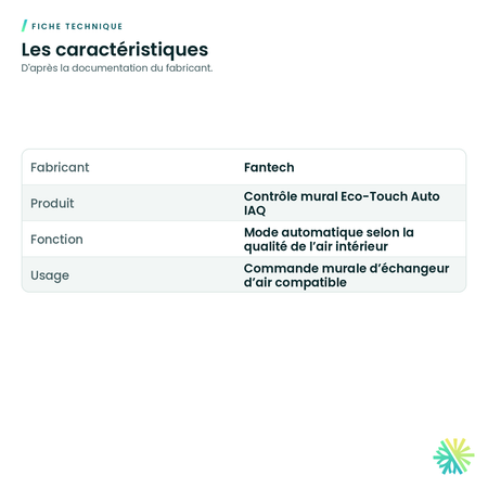 Fiche technique – Contrôle mural Eco-Touch Auto IAQ pour échangeur d'air