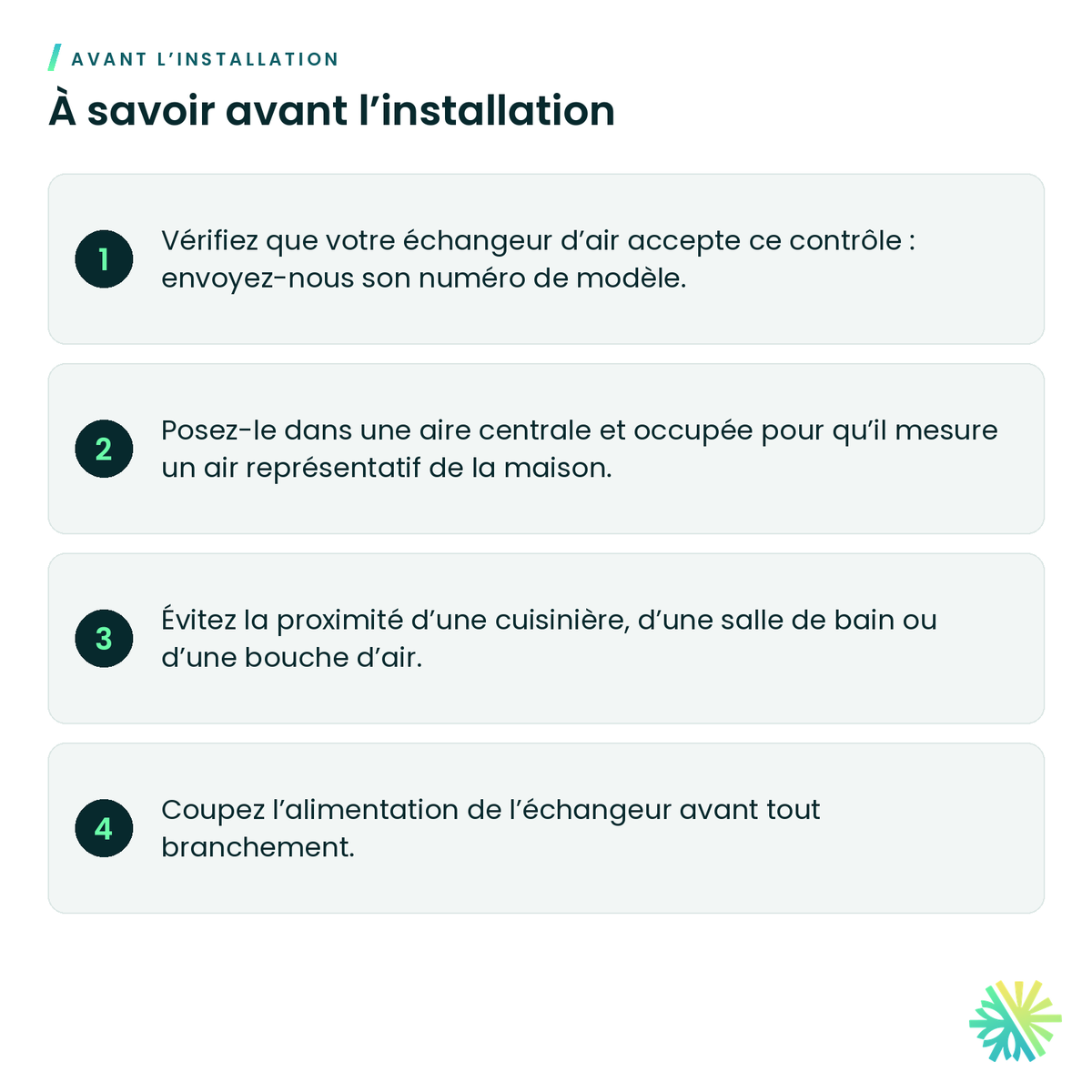 À savoir avant l’installation – Contrôle mural Eco-Touch Auto IAQ pour échangeur d'air