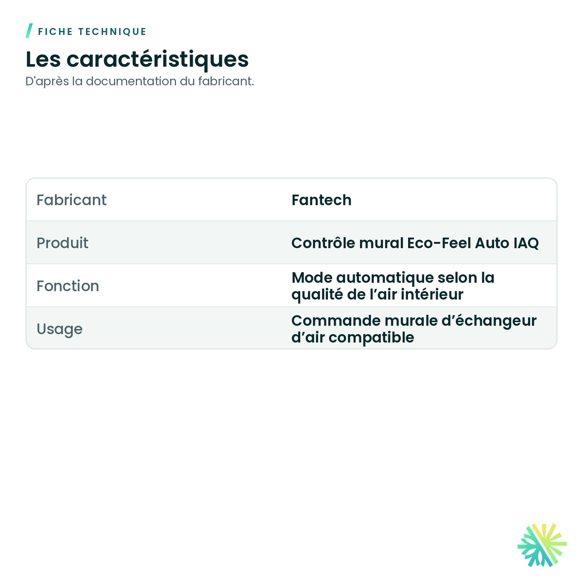 Fiche technique – Contrôle mural Eco-Feel Auto IAQ pour échangeur d'air