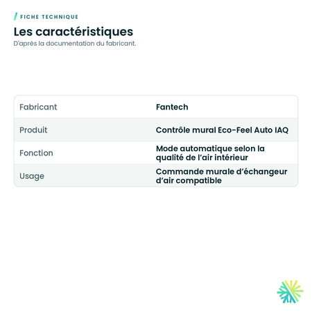 Fiche technique – Contrôle mural Eco-Feel Auto IAQ pour échangeur d'air