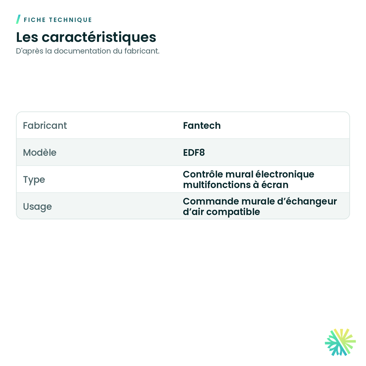 Fiche technique – Contrôle électronique à écran pour échangeur d'air