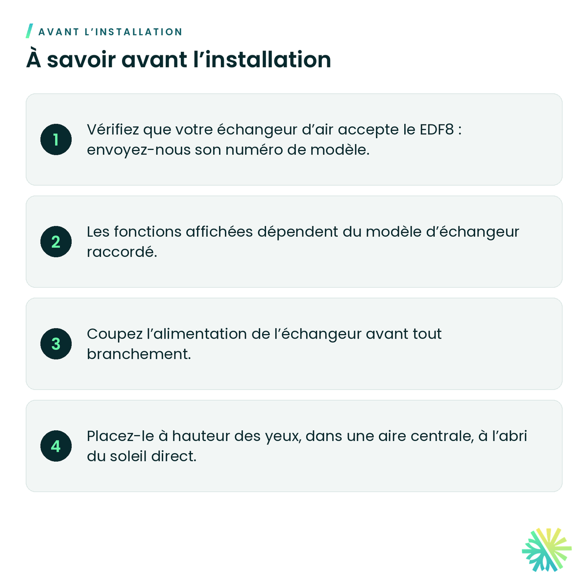 À savoir avant l’installation – Contrôle électronique à écran pour échangeur d'air