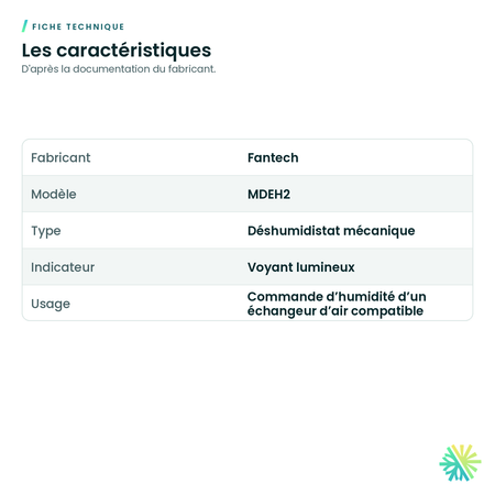 Fiche technique – Déshumidistat mécanique à voyant pour échangeur d'air