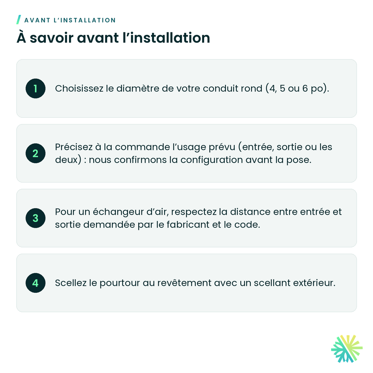 À savoir avant l’installation – Évent mural 2 en 1 (entrée et sortie d'air)