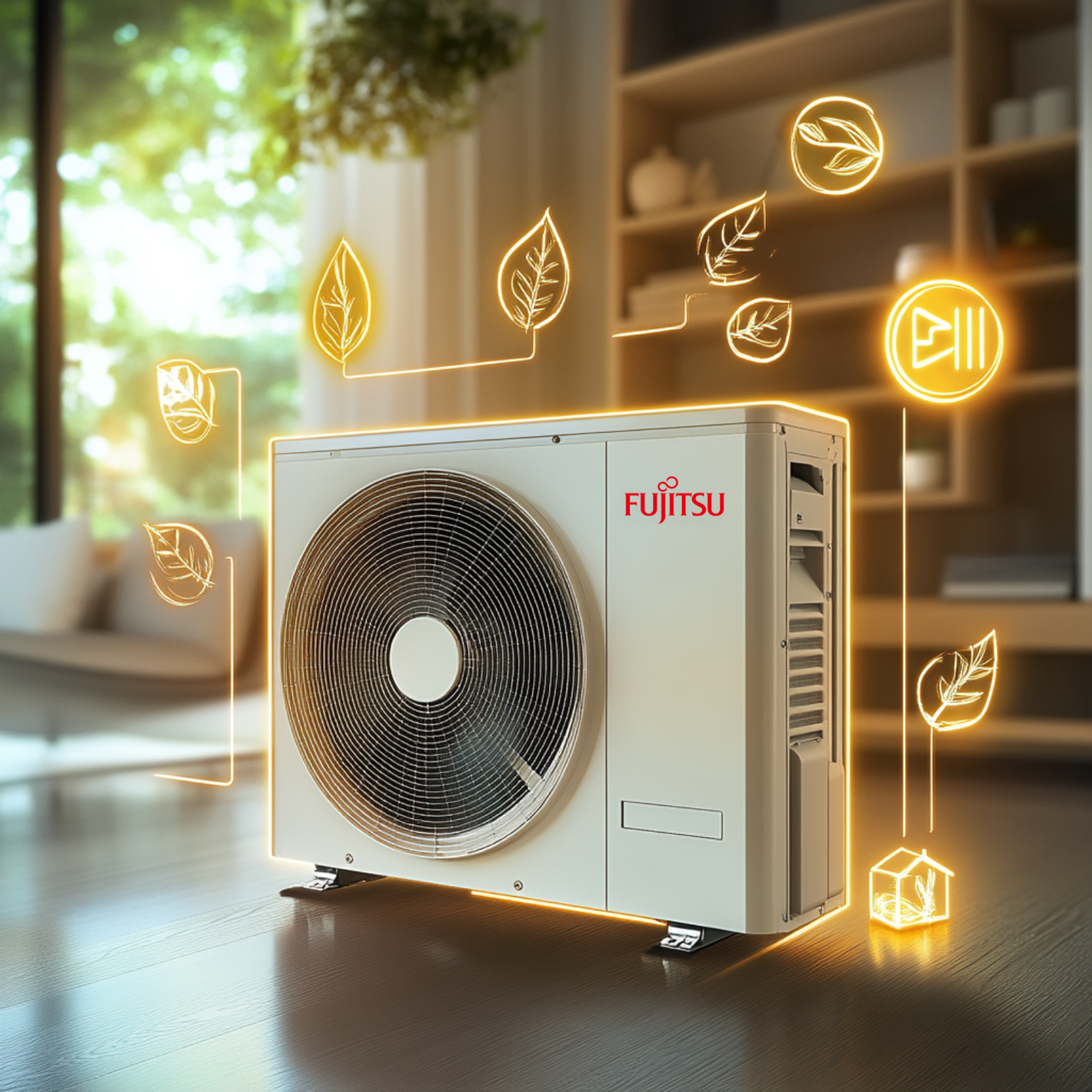 Fujitsu air conditioner unit with energy-efficient icons and green leaves in a modern home setting.