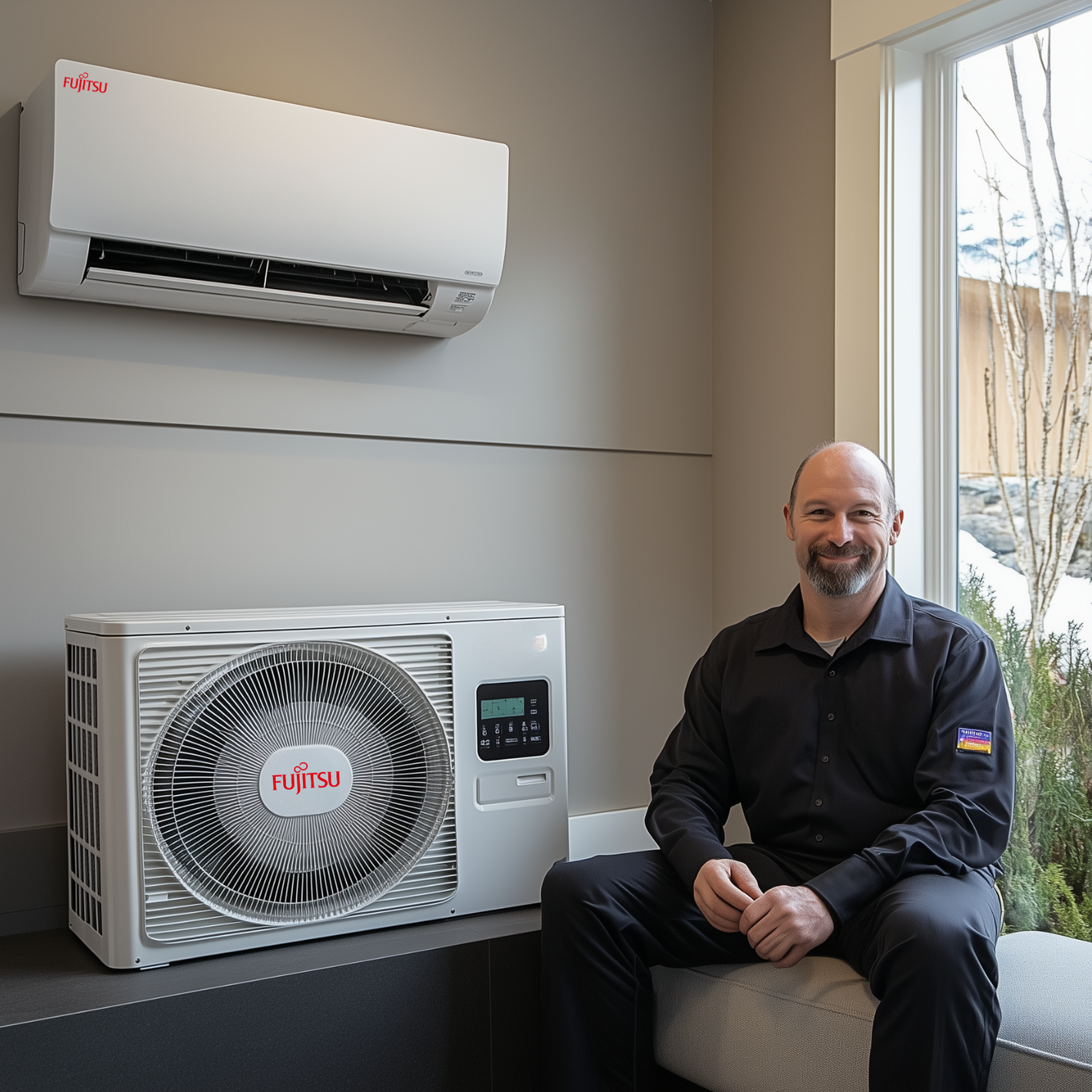 Man sitting beside Fujitsu air conditioner unit in modern room, showcasing split system design.