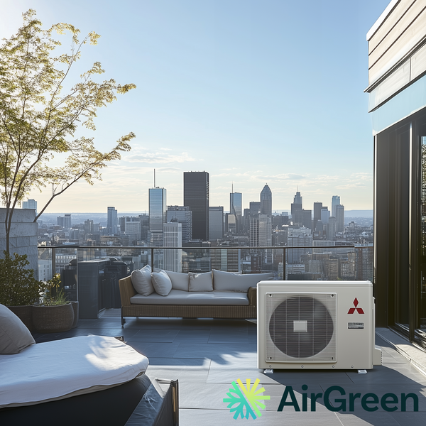 Outdoor patio with air conditioning unit overlooking city skyline, showcasing AirGreen brand.