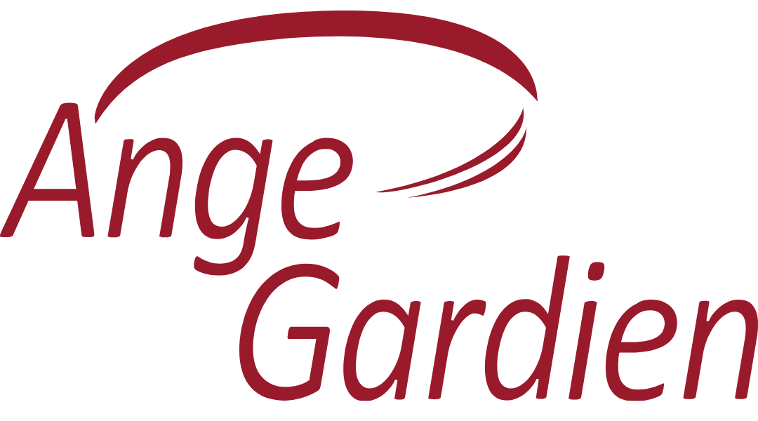 Logo of Ange Gardien with stylized red text and decorative swoosh design.