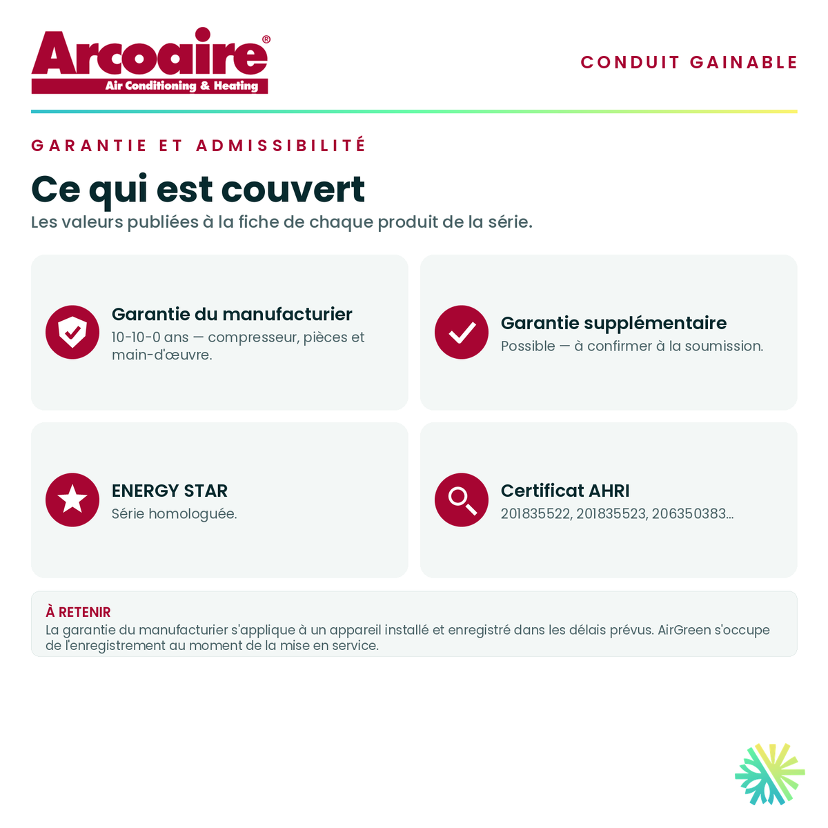 Garantie du manufacturier, garantie supplémentaire, homologation ENERGY STAR et admissibilité de la série · ArcoAire Gainable DLFSDA à Conduit 18 000 BTU · AirGreen, Montréal, Laval, Longueuil, Rive-Sud et Rive-Nord