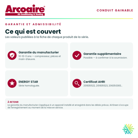 Garantie du manufacturier, garantie supplémentaire, homologation ENERGY STAR et admissibilité de la série · ArcoAire Gainable DLFSDA à Conduit 18 000 BTU · AirGreen, Montréal, Laval, Longueuil, Rive-Sud et Rive-Nord