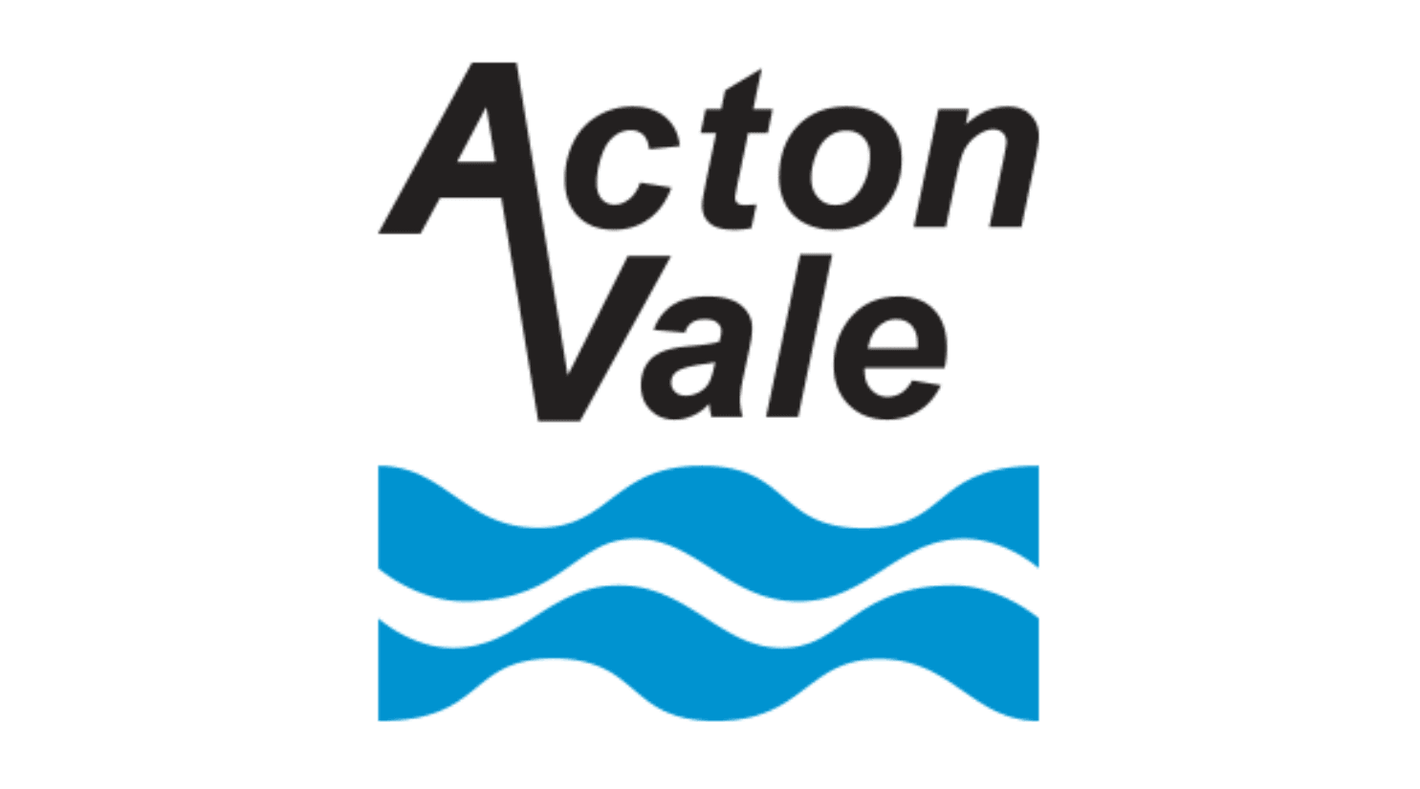Acton Vale logo featuring bold text and blue waves underneath on a white background.