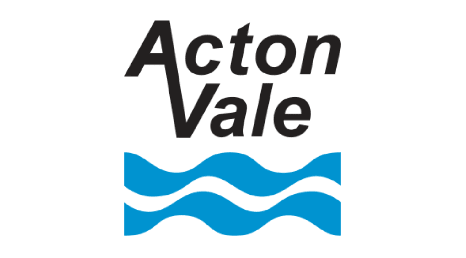 Acton Vale logo featuring bold text and blue waves underneath on a white background.