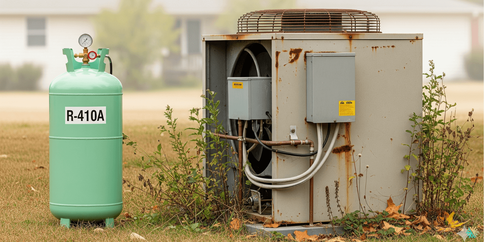 Air conditioning unit with nearby R-410A refrigerant tank on grass, highlighting eco-friendly coolant technology.