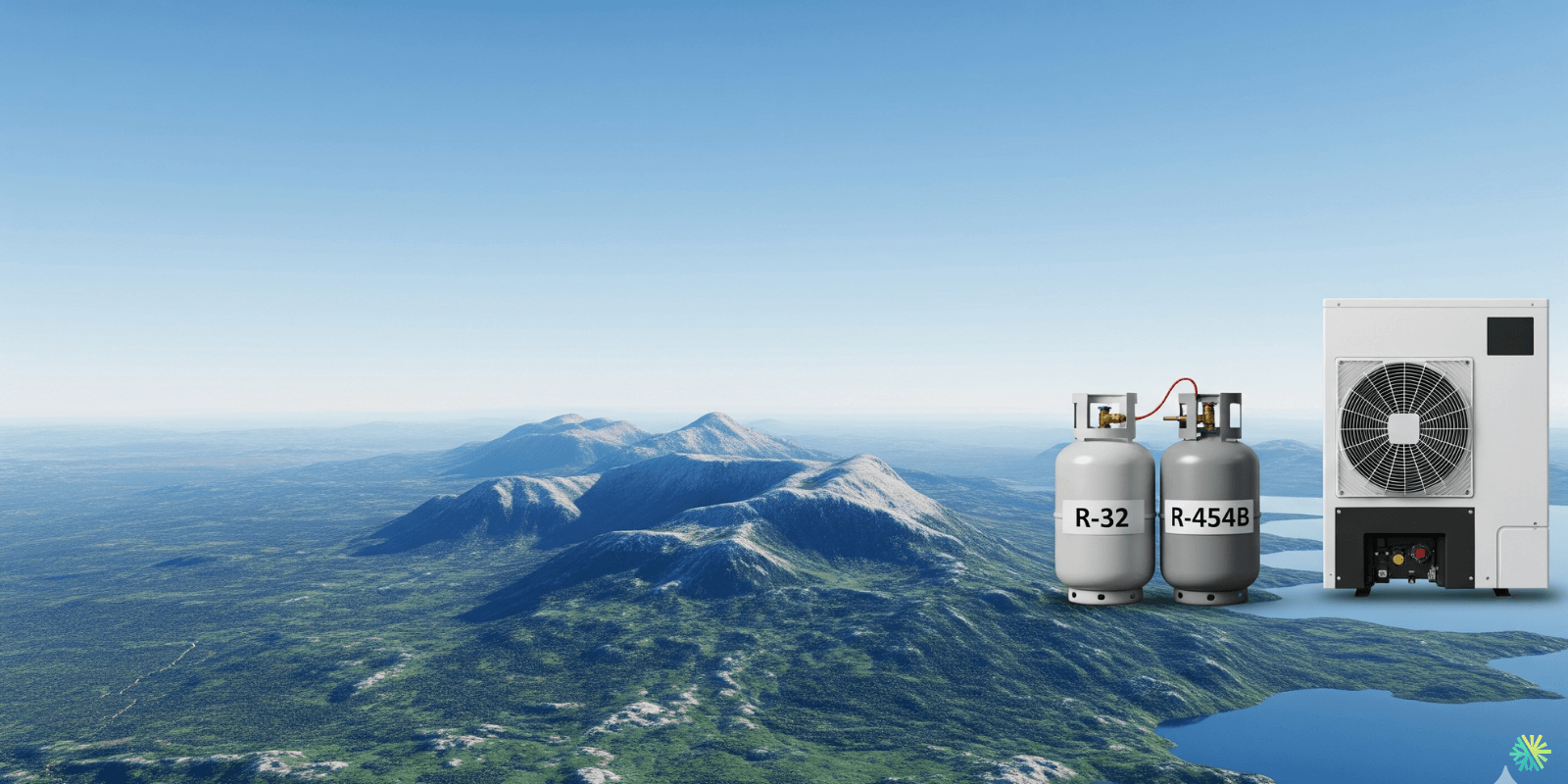 Air conditioning unit and refrigerant containers R-32, R-454B against a mountain landscape backdrop.
