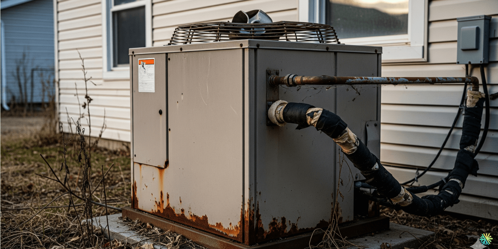 Outdoor residential heat pump unit next to house wall on a clear day.