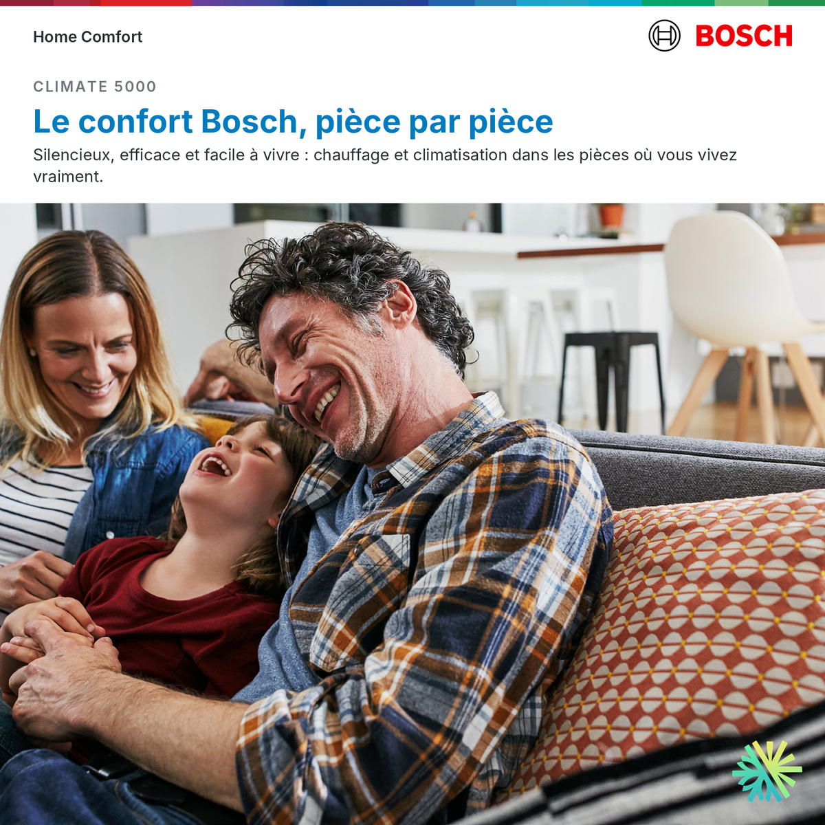 Famille au salon, confort des thermopompes sans conduits Bosch