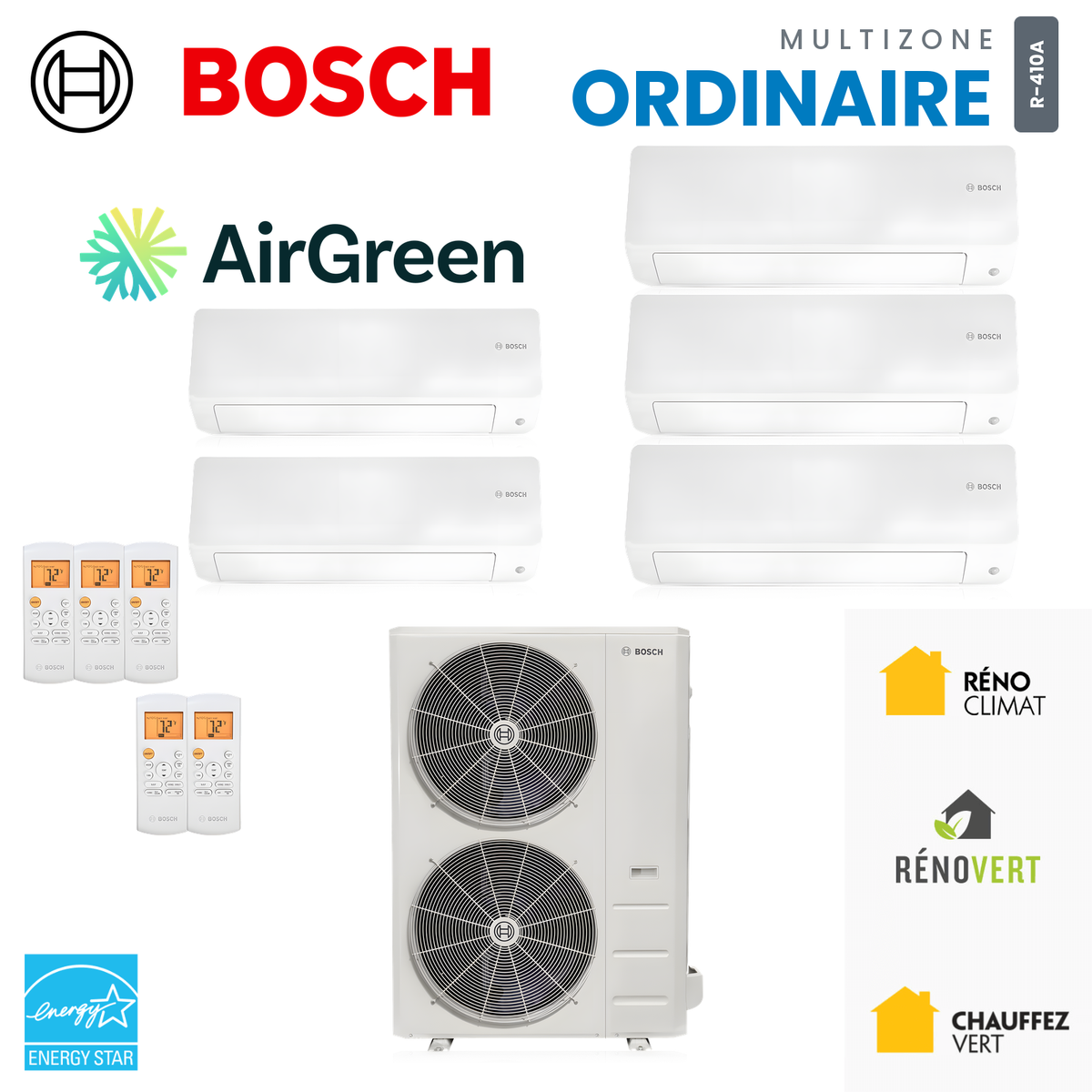 Thermopompe multizone Bosch Climate 5000 Ordinaire 5 zones R-410A, unités murales et unité extérieure