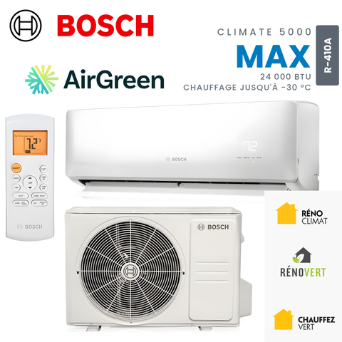 Thermopompe murale Bosch Climate 5000 MAX Performance 24 000 BTU R-410A, unité intérieure, unité extérieure et télécommande