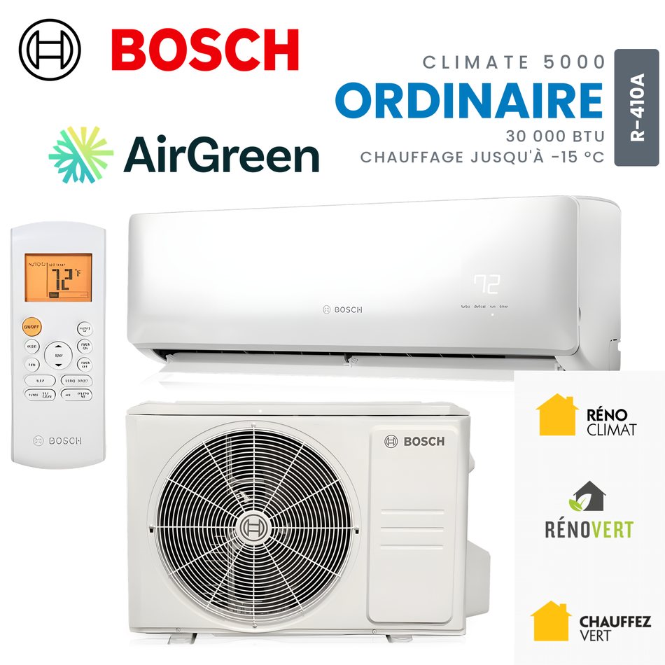 Thermopompe murale Bosch Climate 5000 Ordinaire 30 000 BTU R-410A, unité intérieure, unité extérieure et télécommande