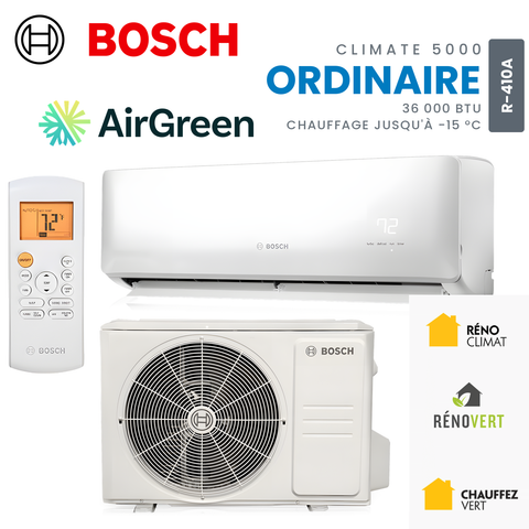 Thermopompe murale Bosch Climate 5000 Ordinaire 36 000 BTU R-410A, unité intérieure, unité extérieure et télécommande