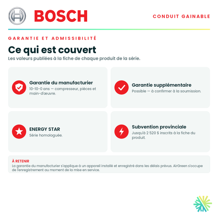 Garantie du manufacturier, garantie supplémentaire, homologation ENERGY STAR et admissibilité de la série · Système Gainable BOSCH 60 000 BTU · AirGreen, Montréal, Laval, Longueuil, Rive-Sud et Rive-Nord