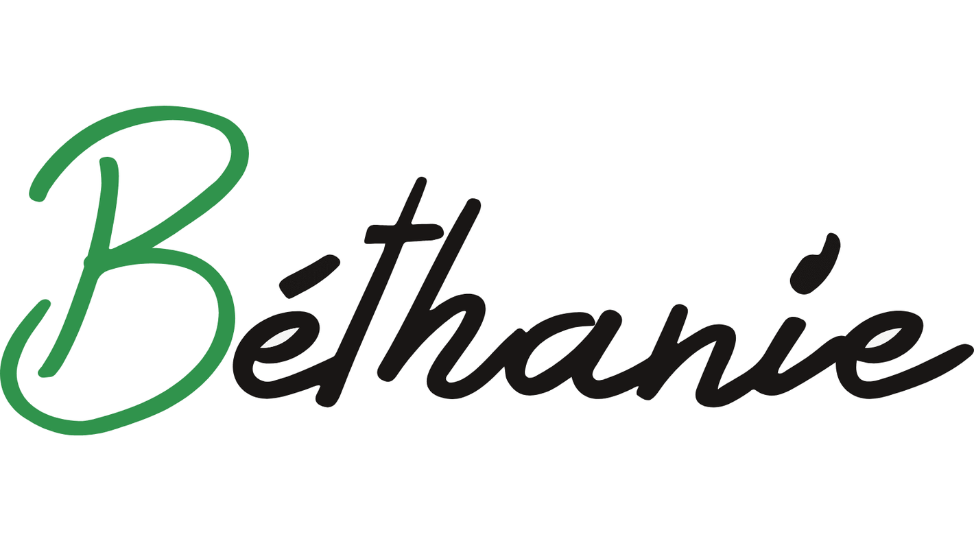 Logo with stylized text 'Béthanie' in green and black script