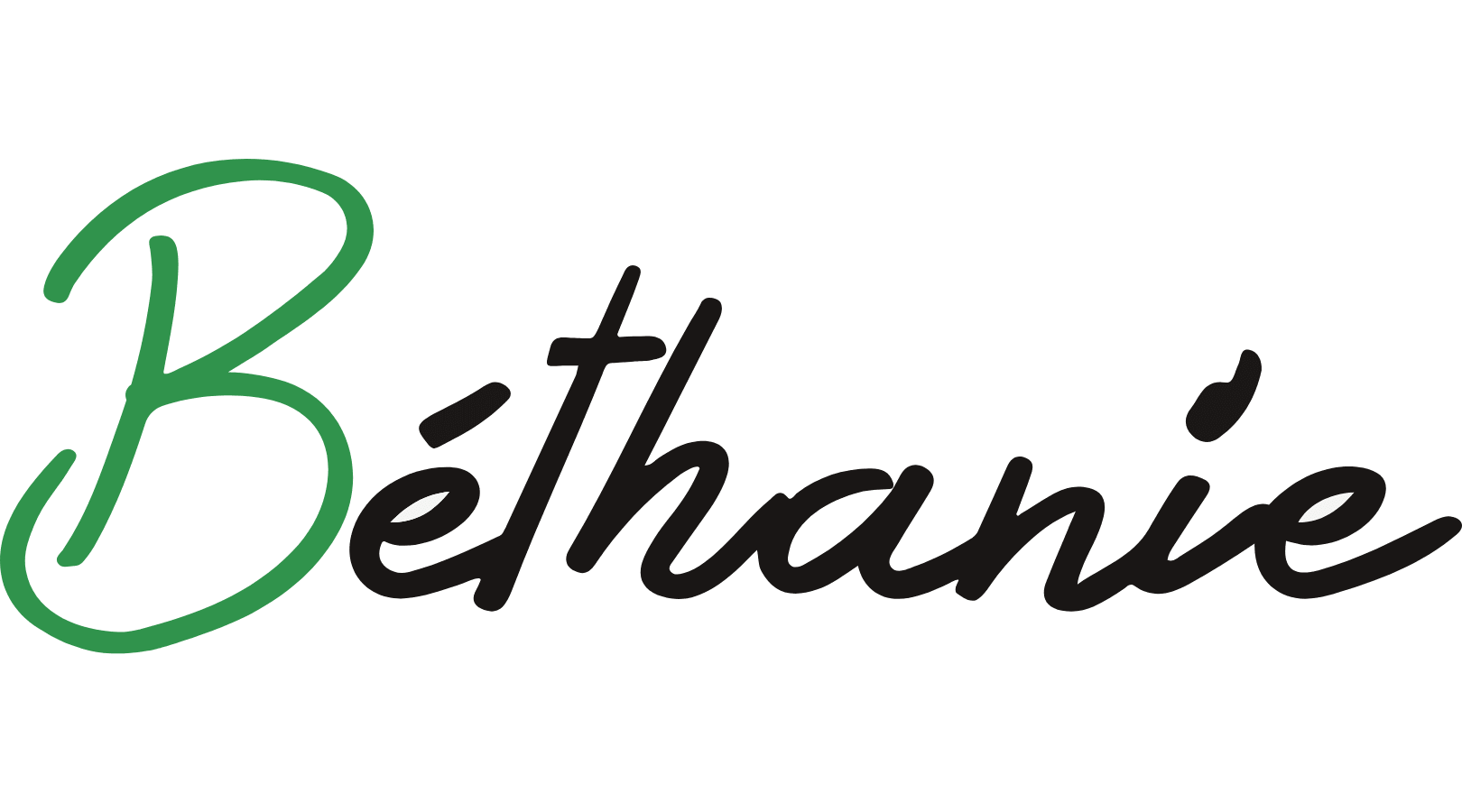 Logo with stylized text 'Béthanie' in green and black script