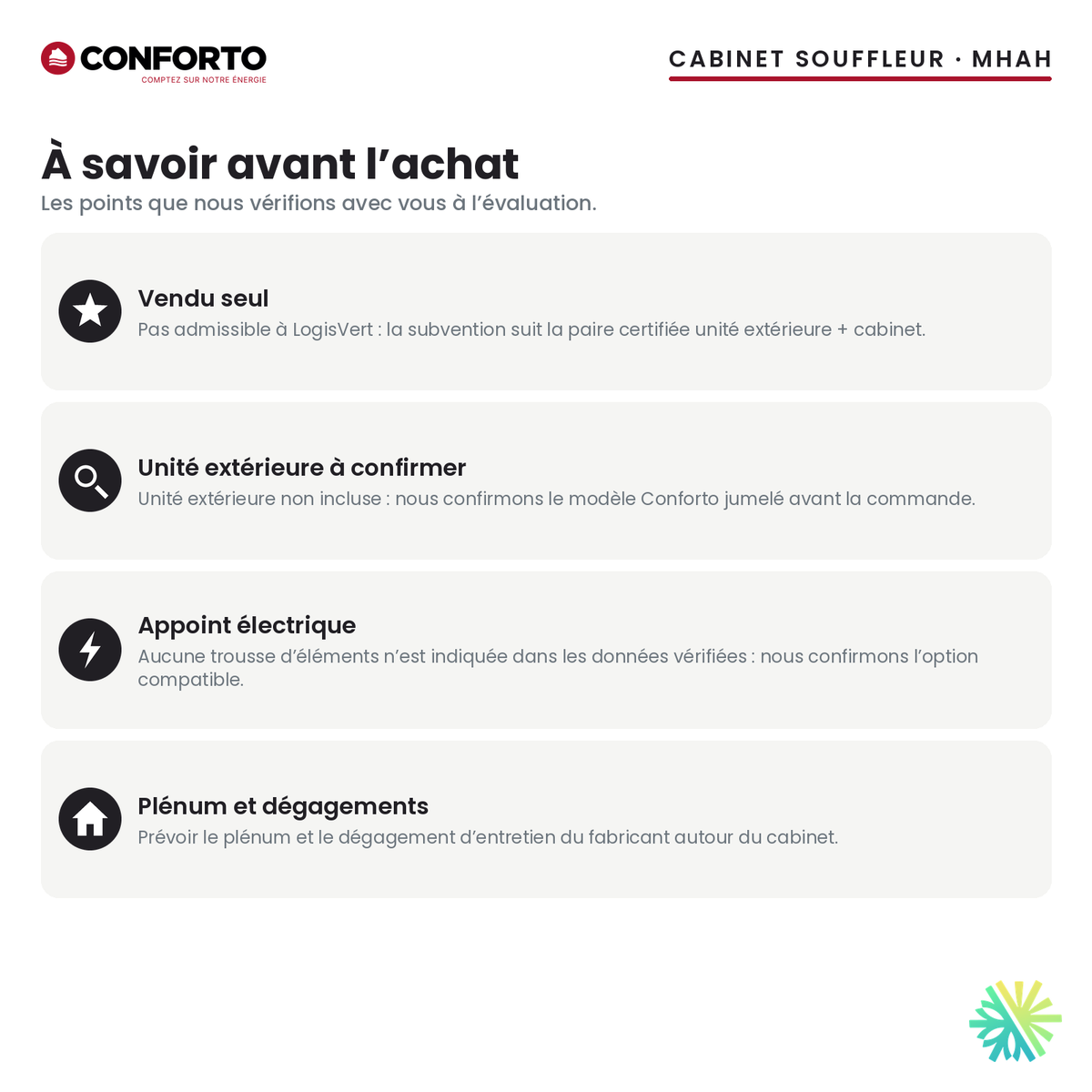 Cabinet souffleur Conforto MHAH — à savoir avant l’achat