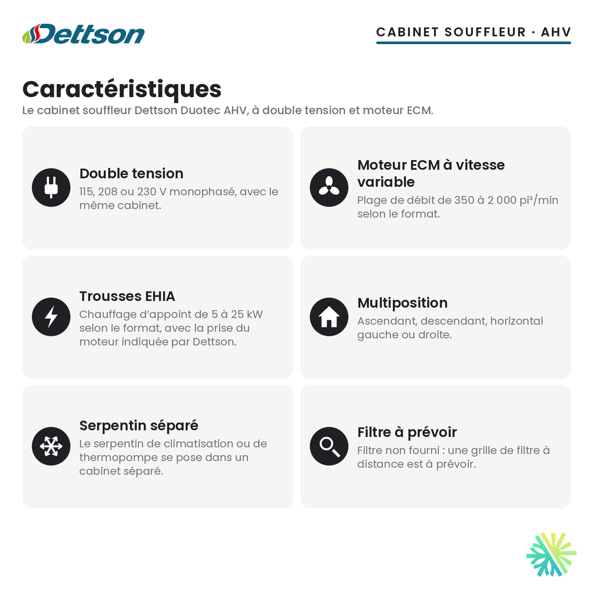 Cabinet souffleur Dettson AHV — caractéristiques de la série