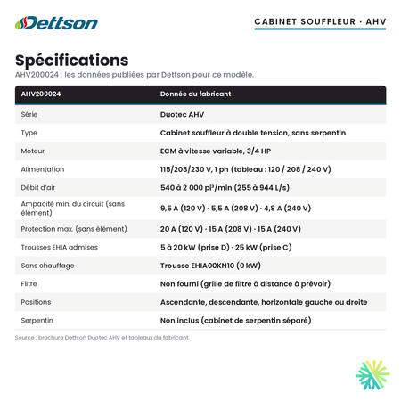 Spécifications du cabinet souffleur Dettson AHV200024 (5 t)