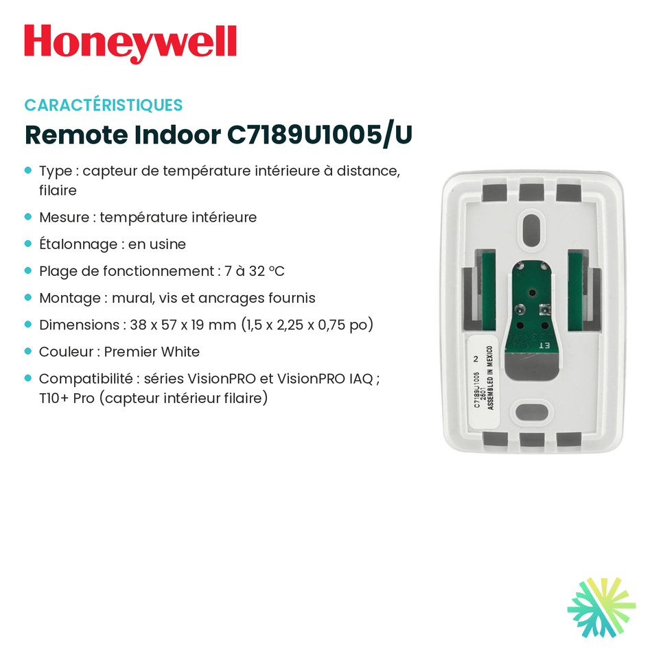 Fiche technique : Capteur HONEYWELL Remote Indoor C7189U1005/U — AirGreen, Montréal, Laval, Longueuil, Rive-Sud et Rive-Nord