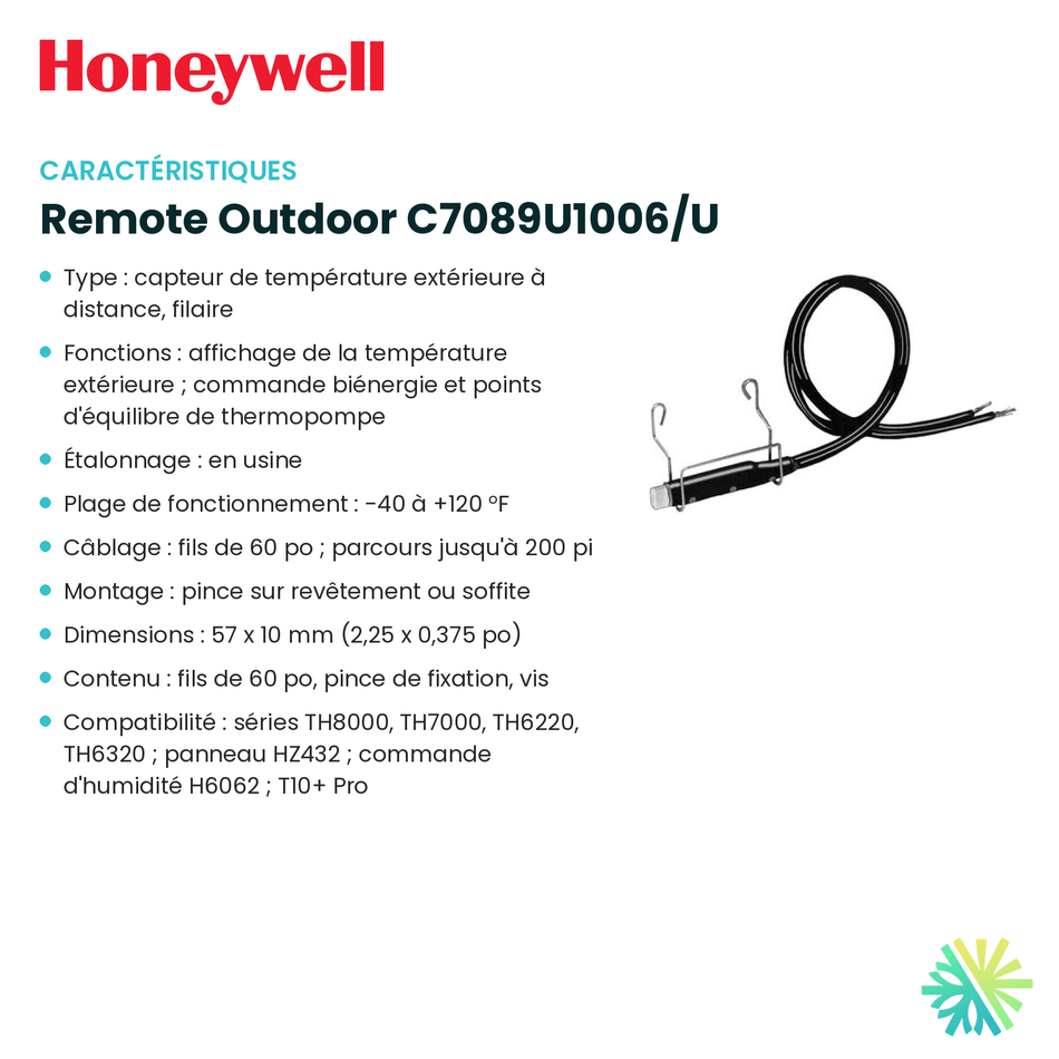 Fiche technique : Capteur HONEYWELL Remote Outdoor C7089U1006/U — AirGreen, Montréal, Laval, Longueuil, Rive-Sud et Rive-Nord